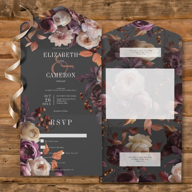 Invitation Tout En Un Sombre Moody Fall Burgundy & Cream Peonies Dîner (Dark Moody Fall Burgundy & Cream Peonies All In One Wedding Invitation with Dinner Options)