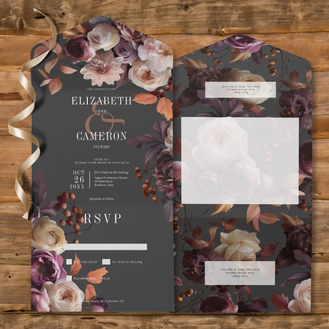 Invitation Tout En Un Sombre Moody Fall Burgundy & Cream Peony Pas de dî (Dark Moody Fall Burgundy & Cream Peonies All In One Wedding Invitation without Dinner Options)
