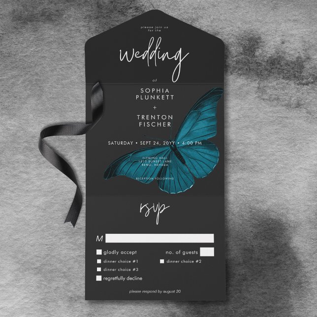 Invitation Tout En Un Sombre Moody Minimal Turquoise Moth Dîner Mariage (Dark Moody Minimal Teal Moth Dinner Wedding All In One Invitation)