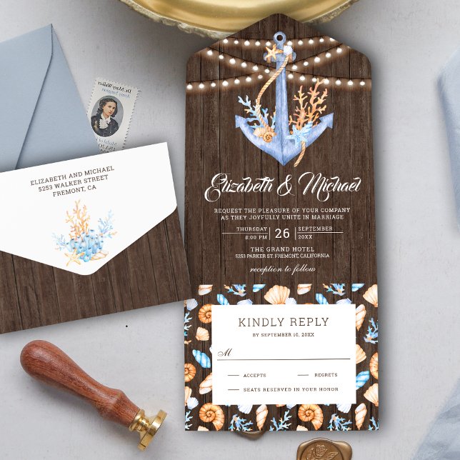 Invitation Tout En Un Sous la mer Ancre nautique Mariage de bois rustiqu (Créateur téléchargé)