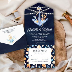 Invitation Tout En Un Sous l'Ancre nautique Marine Mariage bleu marine