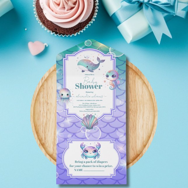 Invitation Tout En Un Sous le Baby shower d'aquarelle de mer (Créateur téléchargé)