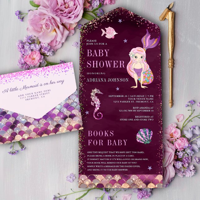 Invitation Tout En Un Sous le Baby shower de sirène violet rose marine (Créateur téléchargé)