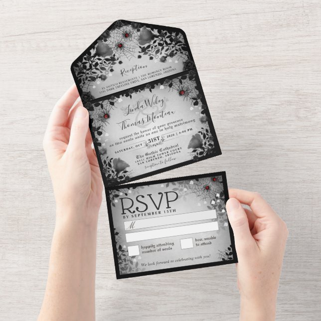 Invitation Tout En Un Spider Love Grey & Black Gothique Floral Halloween (Déchirure)