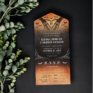 Invitation Tout En Un Squelette Coeur Monogramme Halloween Goth Mariage