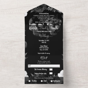 Invitation Tout En Un Squelette noir et blanc Mariage gothique