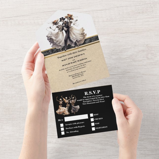 Invitation Tout En Un Squelette noir marié marié gothique mariage (Déchirure)