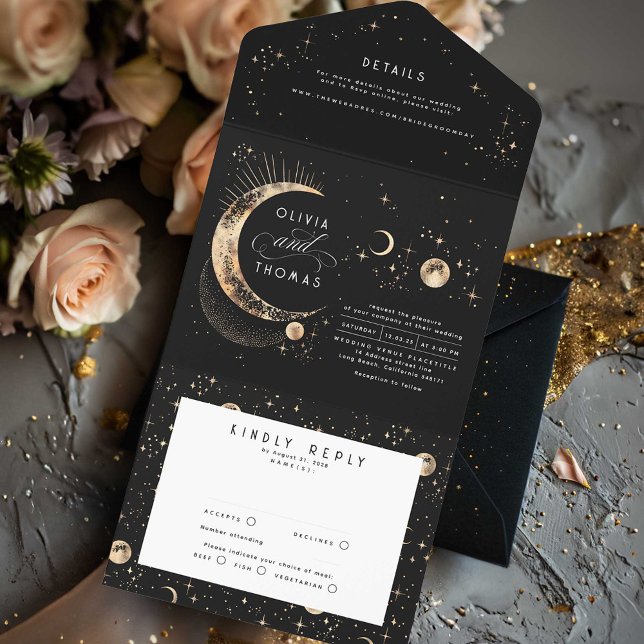 Invitation Tout En Un Stars de lune mystique céleste Halo Mariage (All in One Celestial Wedding Invitation)