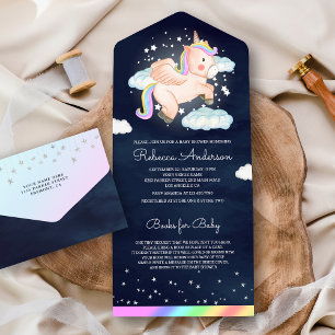 Invitation Tout En Un Stars de nuit Voler Unicorn Marine Baby shower ble