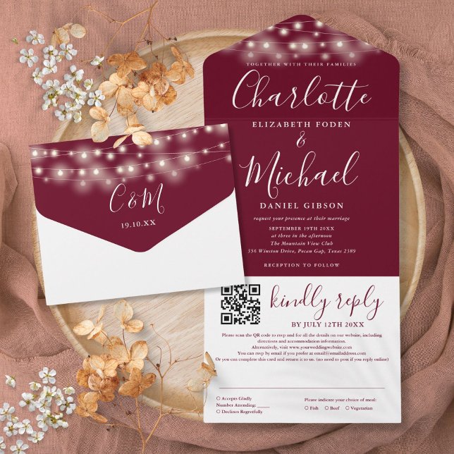 Invitation Tout En Un String Lights Burgundy Script QR Code Mariage (String Lights Burgundy Script QR Code Wedding All In One Invitation)