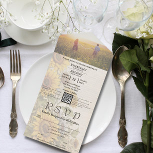 Invitation Tout En Un Style vintage Fleur de Tournesol Crème Florale QR 