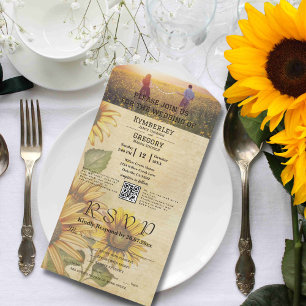 Invitation Tout En Un Style vintage Tournesol Crème Jaune Photo Code QR