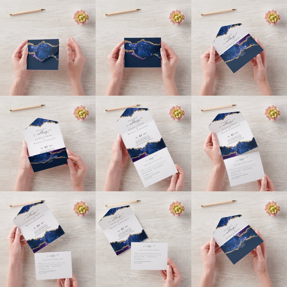 Invitation Tout En Un Sublime Agate Bleu Or COLLECTION DE MARIAGE