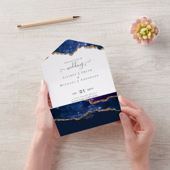 Invitation Tout En Un Sublime Agate Bleu Or COLLECTION DE MARIAGE (Vidéo)