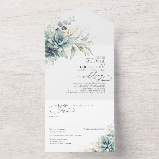 Invitation Tout En Un Succulents Mariage Feuille verdure et or (À l'intérieur)