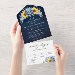 Invitation Tout En Un Sunflower Dusty Blue Slate Peony Floral Mariage Al