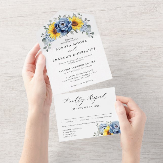 Invitation Tout En Un Sunflower Dusty Blue Slate Peony Floral Mariage Al (Déchirure)