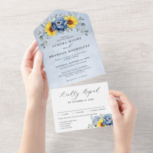 Invitation Tout En Un Sunflower Dusty Blue Slate Peony Floral Mariage Al