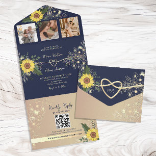Invitation Tout En Un Sunflower Elegant Marine Mariage bleu QR Code