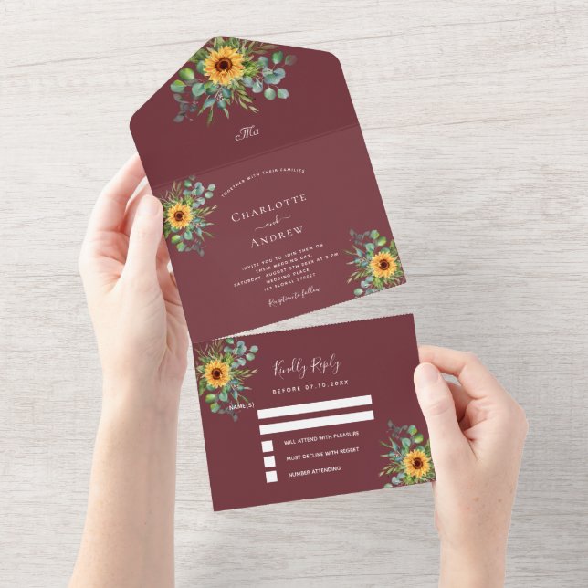 Invitation Tout En Un Sunflower eucalyptus vert vin rouge mariage (Déchirure)