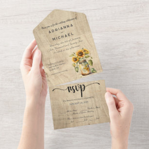 Invitation Tout En Un Sunflower Mason Jar Wood en un mariage Inviter