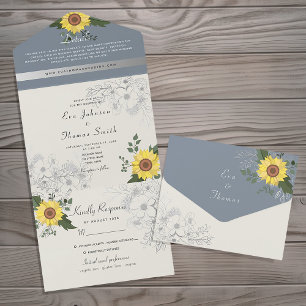 Invitation Tout En Un Sunflower Rustique Dusty Mariage bleu