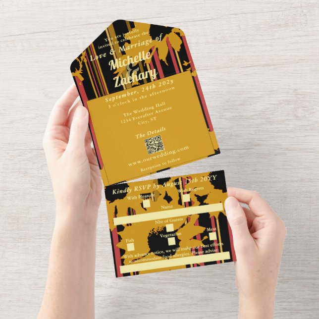 Invitation Tout En Un Sunflower Sunset Coral Gold Modern Wedding (Déchirure)