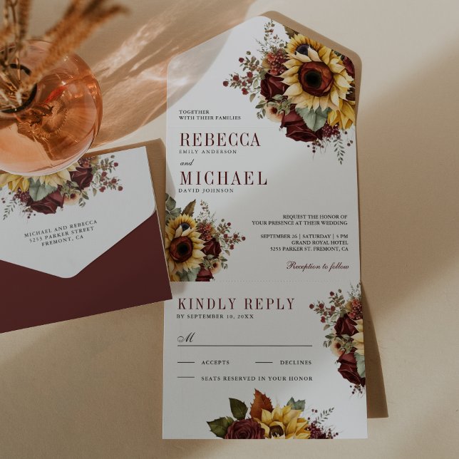 Invitation Tout En Un  Sunflowers Burgundy Floral Wedding (Créateur téléchargé)