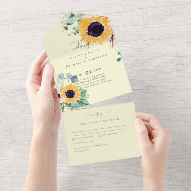 Invitation Tout En Un Sunflowers Eucalyptus Mariage de verdure (Déchirure)