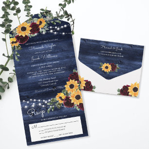Invitation Tout En Un Sunflowers Rose Russe Marine Blue Wood Mariage