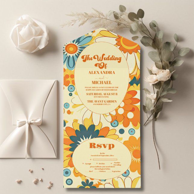 Invitation Tout En Un Super marguerite floral jaune & orange mariage (Créateur téléchargé)
