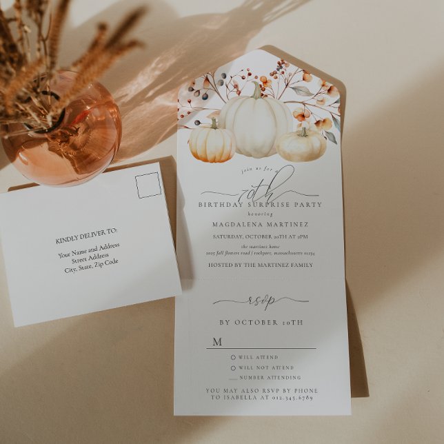 Invitation Tout En Un SURPRISE FÊTE 70e anniversaire Citrouille Feuilles (Créateur téléchargé)