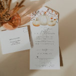 Invitation Tout En Un SURPRISE PARTY 21e anniversaire Citrouille Automne<br><div class="desc">Économisez de l'argent avec cette invitation d'anniversaire surprise tout-en-un sans sacrifier aucun style. Vous pouvez sauter l'enveloppe et la carte rsvp. Cette invitation d'anniversaire d'automne présente 3 citrouilles blancs entourés de feuilles d'automne,  de baies et de fleurs sauvages. L'élégante aquarelle est complétée par la calligraphie moderne.</div>