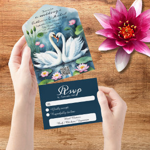 Invitation Tout En Un Swan In Lotus Lake Code QR Mariage