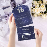 Invitation Tout En Un Sweet 16 marine bleu argent étoiles rsvp<br><div class="desc">Arrière - plan bleu marine,  décoré d'étoiles. La couleur bleue est inégale. Personnalisez et ajoutez des noms,  des détails de parti,  la date RSVP,  l'adresse et le nom de retour. Le numéro 16 est écrit avec une police de style ballon.</div>