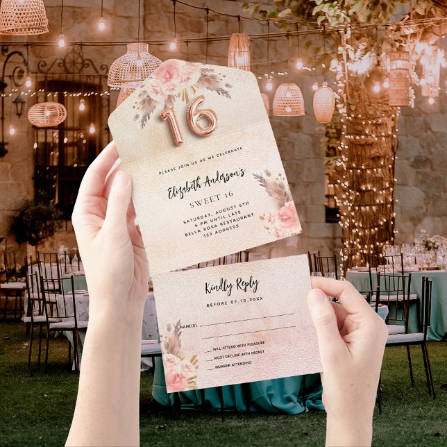 Invitation Tout En Un Sweet 16 pampas herbe fleurons rose rose RSVP (Créateur téléchargé)