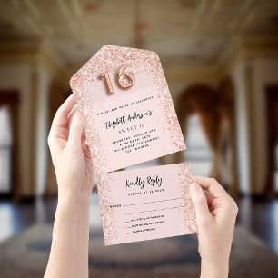 Invitation Tout En Un Sweet 16 rose or brush fête RSVP