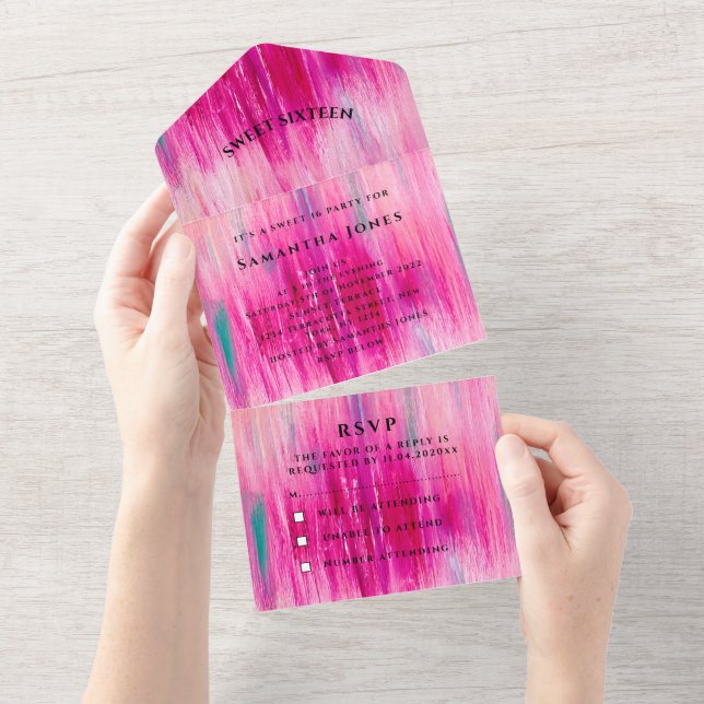 Invitation Tout En Un Sweet sixteen Aquarelle Girl Joli rose (Déchirure)