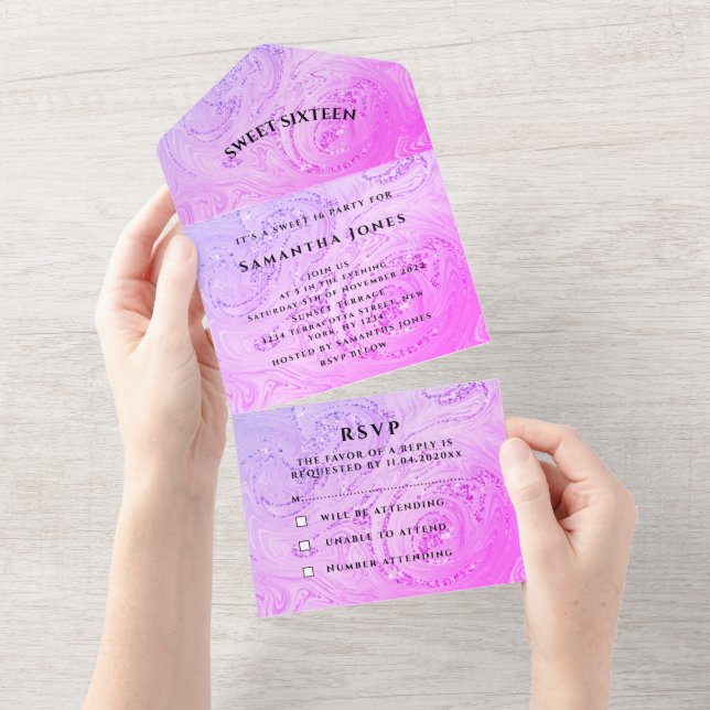 Invitation Tout En Un Sweet sixteen Parties scintillant Sparkly Girly Pr (Déchirure)