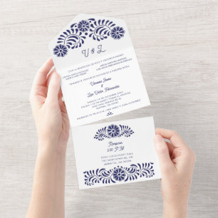 Invitation Tout En Un Talavera mexicaine bleue avec le nom des parents