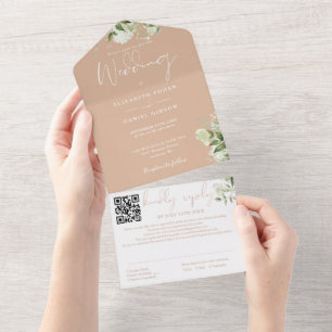 Invitation Tout En Un Tan Green Monogramme QR Code Mariage