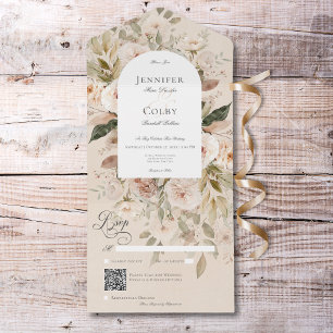 Invitation Tout En Un Tan neutre rustique et code QR de l'arc floral à l