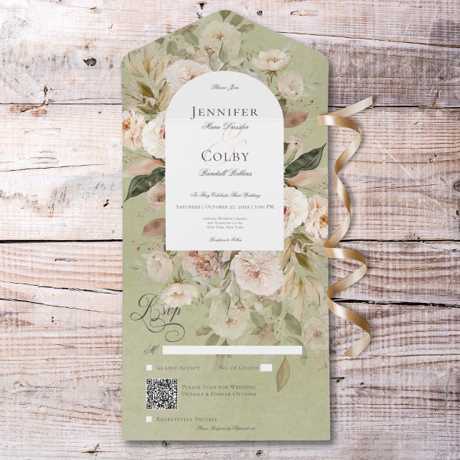 Invitation Tout En Un Tan neutre rustique et vert Arc floral Code QR (Rustic Neutral Tan & Green Floral Arch QR Code All In One Invitation)