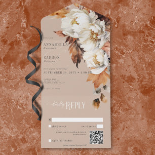 Invitation Tout En Un Tan rustique & Crème Automne Floral & Feuille QR C