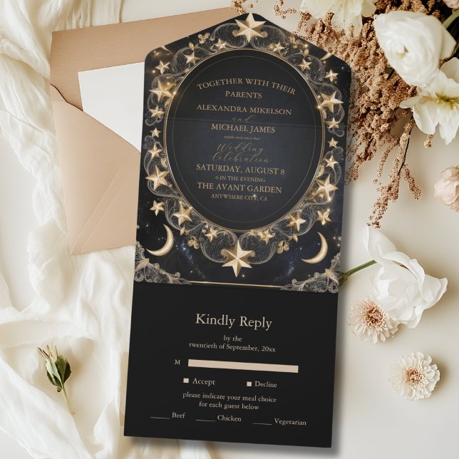 Invitation Tout En Un Tarot Céleste Mariage Soleil Lune Étoiles Or (Créateur téléchargé)