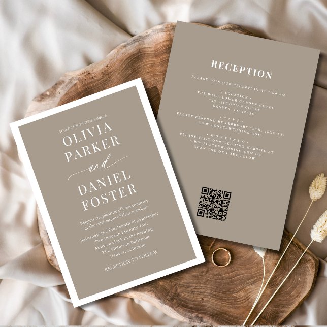 Invitation Tout en un Taupe Boho QR Code Mariage (Créateur téléchargé)