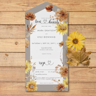 Invitation Tout En Un Taupe de tournesol d'automne rustique & détails bl