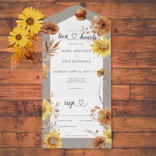 Invitation Tout En Un Taupe de tournesol d'automne rustique et blanc Pas (Rustic Autumn Sunflower Taupe & White No Dinner All In One Invitation)