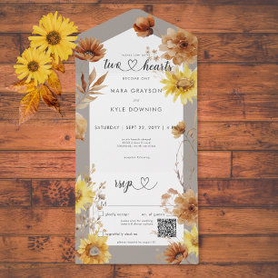 Invitation Tout En Un Taupe de tournesol d'automne rustique et code QR b