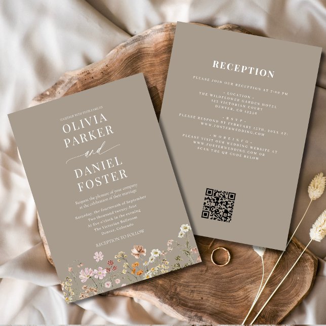 Invitation Tout en un Taupe Fleur sauvage Mariage de code QR (Créateur téléchargé)